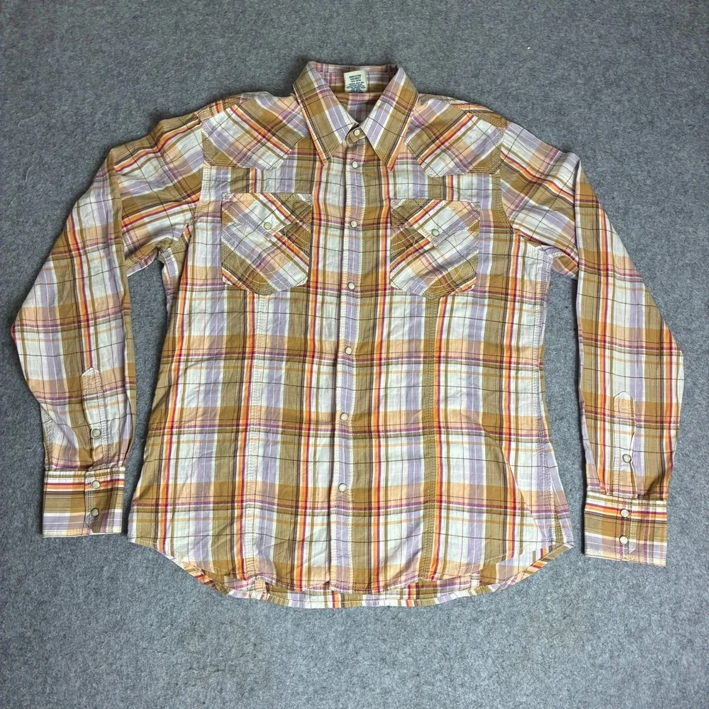 True Religion Mens XXL Western Snap Plaid Shirt Orange Purple Cotton Long Sleeve